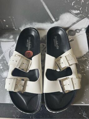 Made in Italy White Double-Buckle Leather Slide Sandals